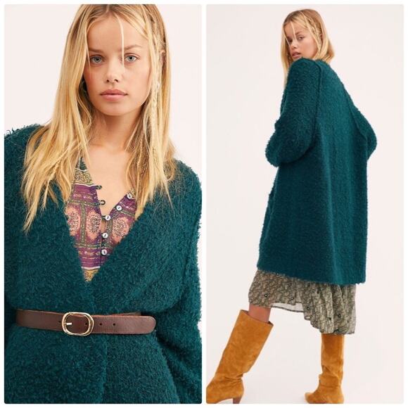 Free People Once in‎ a Lifetime Green Long Open Front Cardigan Small NEW - Picture 1 of 6